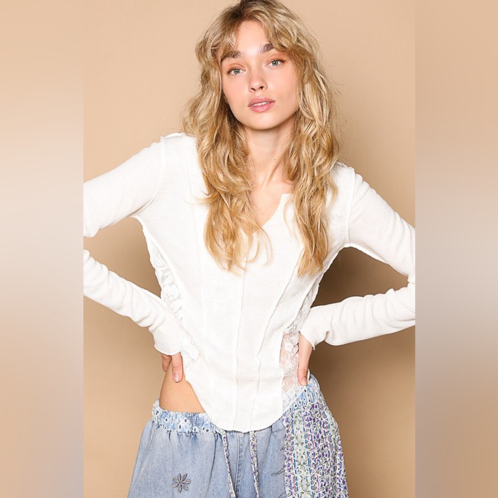 156B. Long Sleeve Lace Detail Top - White